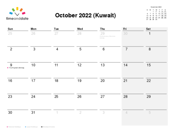 Calendar for 2022 in Kuwait