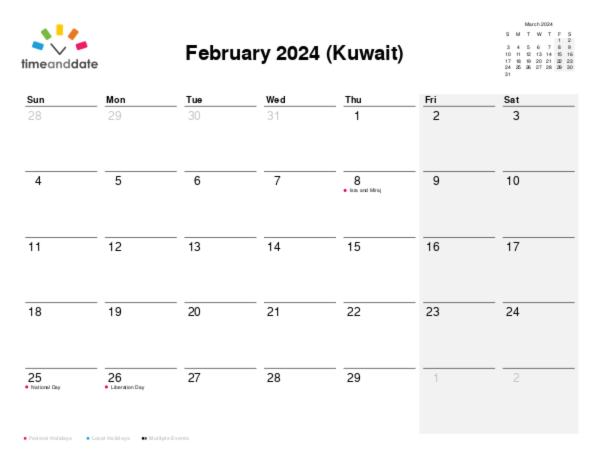 Calendar for 2024 in Kuwait