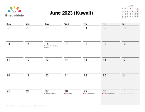 Calendar for 2023 in Kuwait