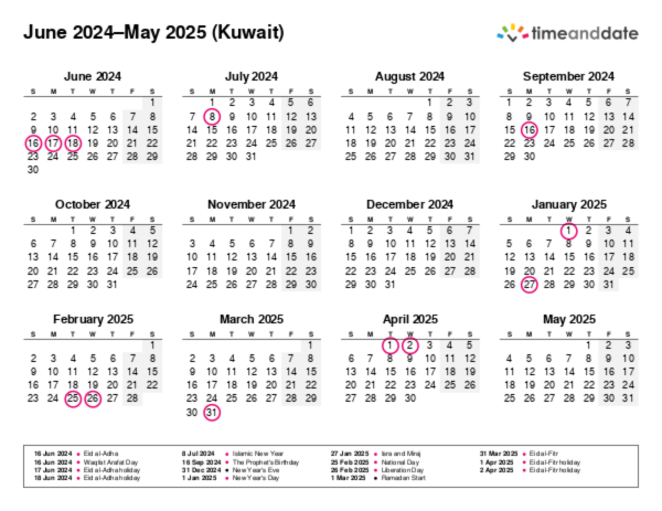 Calendar for 2024 in Kuwait