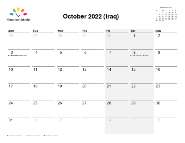 Calendar for 2022 in Iraq
