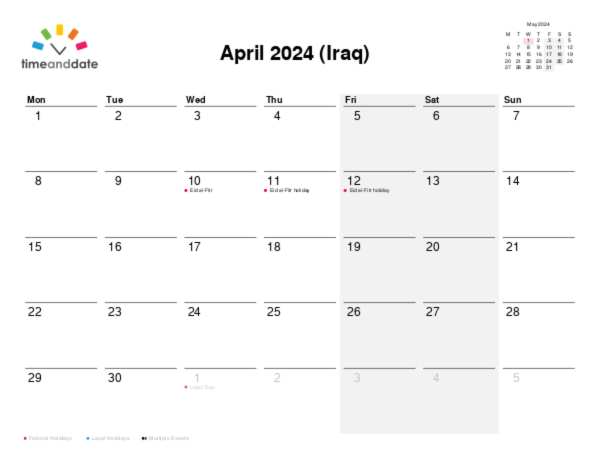 Calendar for 2024 in Iraq