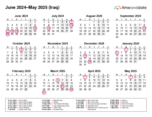 Calendar for 2024 in Iraq