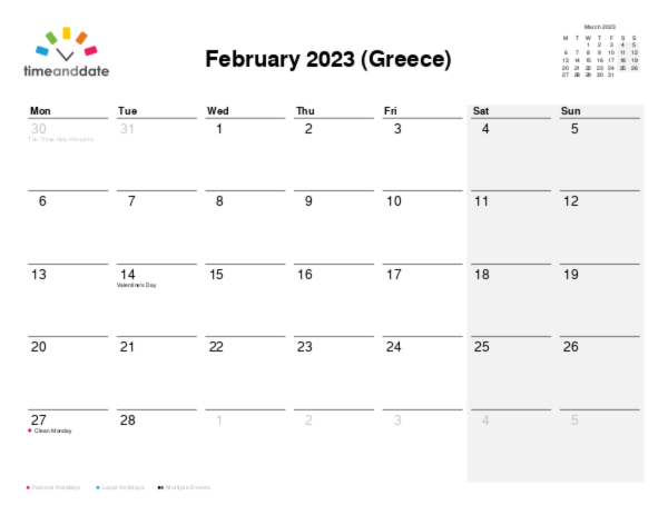 Calendar for 2023 in Greece