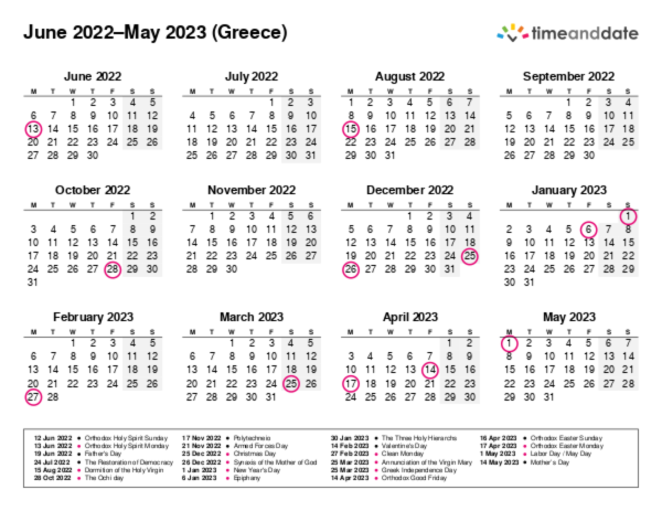 Calendar for 2022 in Greece