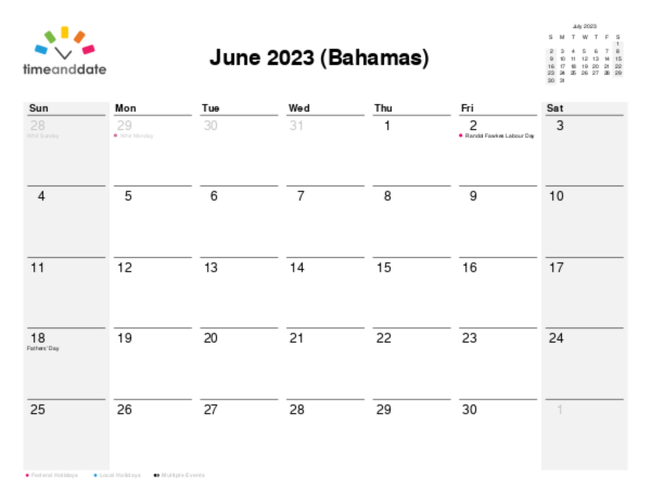 Calendar for 2023 in Bahamas