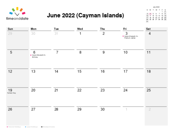 Calendar for 2022 in Cayman Islands