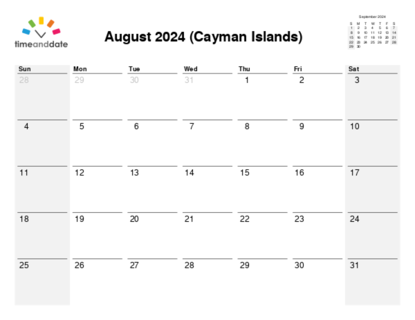 Calendar for 2024 in Cayman Islands