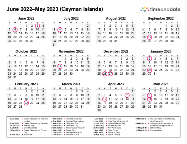 Calendar for 2022 in Cayman Islands