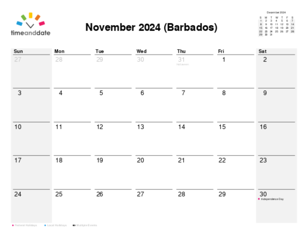 Calendar for 2024 in Barbados