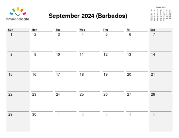 Calendar for 2024 in Barbados