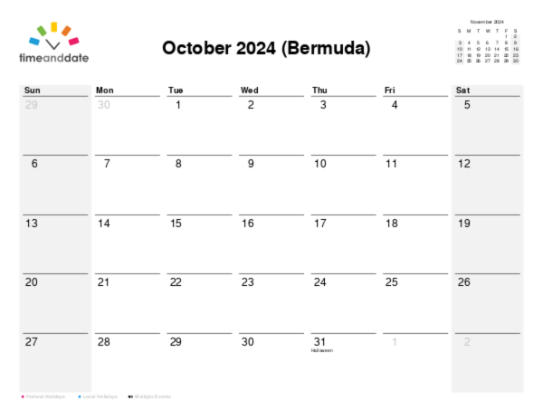Calendar for 2024 in Bermuda