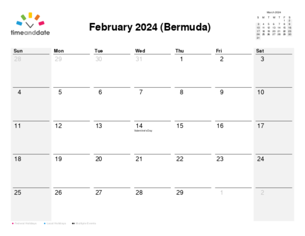 Calendar for 2024 in Bermuda