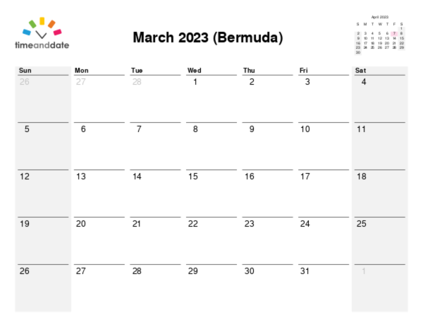 Calendar for 2023 in Bermuda