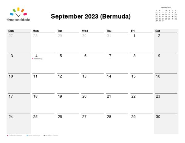 Calendar for 2023 in Bermuda