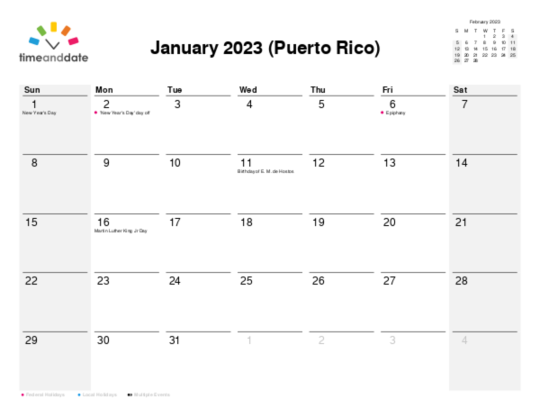 Calendar for 2023 in Puerto Rico