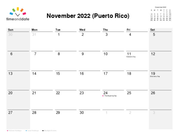 Calendar for 2022 in Puerto Rico