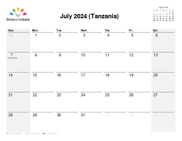 Calendar for 2024 in Tanzania