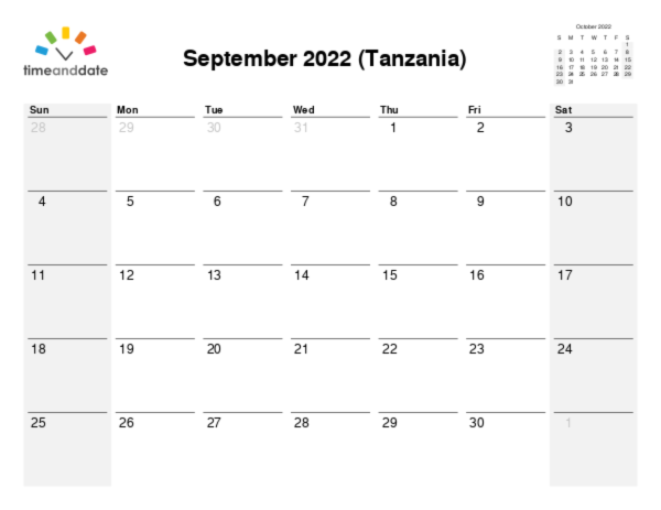 Calendar for 2022 in Tanzania