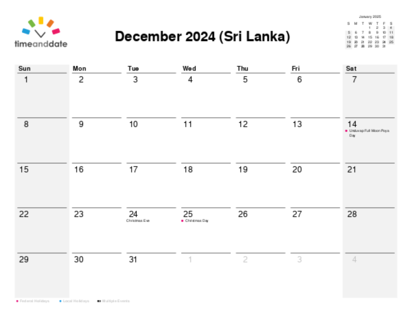 Calendar for 2024 in Sri Lanka