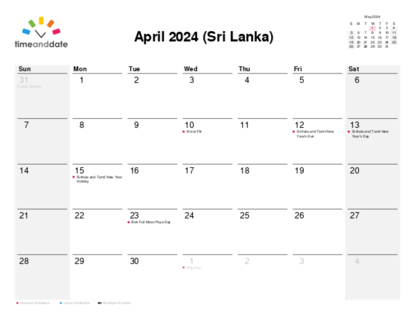 Calendar for 2024 in Sri Lanka