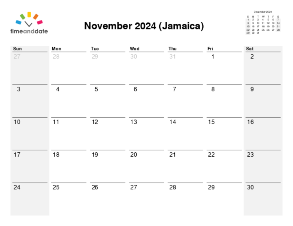 Calendar for 2024 in Jamaica