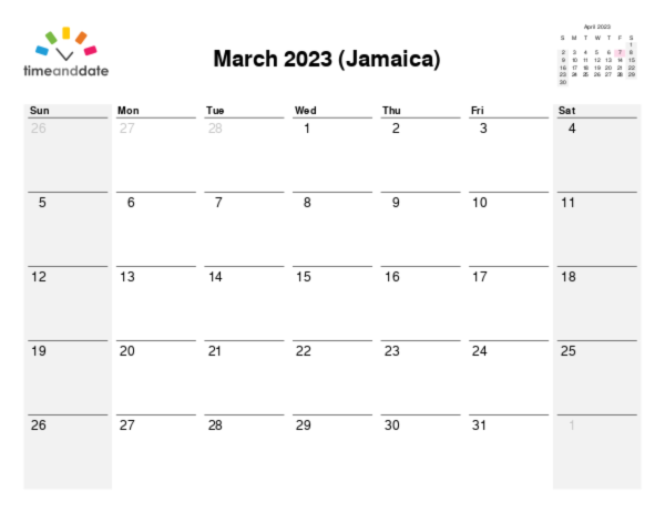 Calendar for 2023 in Jamaica
