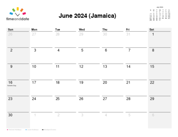Calendar for 2024 in Jamaica