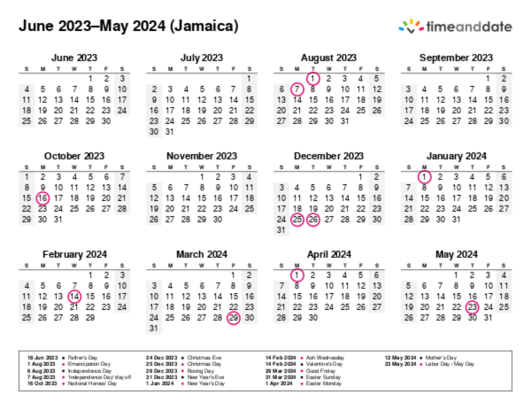 Calendar for 2023 in Jamaica