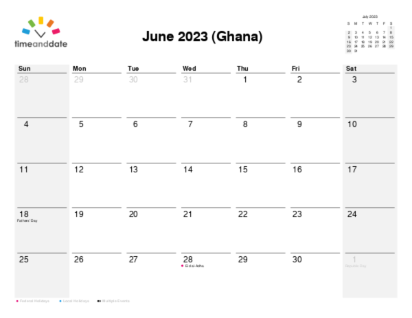 Calendar for 2023 in Ghana