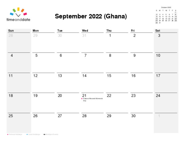 Calendar for 2022 in Ghana
