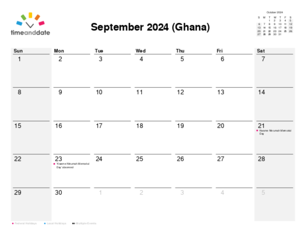 Calendar for 2024 in Ghana