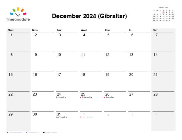 Calendar for 2024 in Gibraltar
