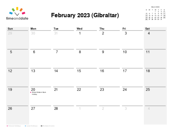Calendar for 2023 in Gibraltar
