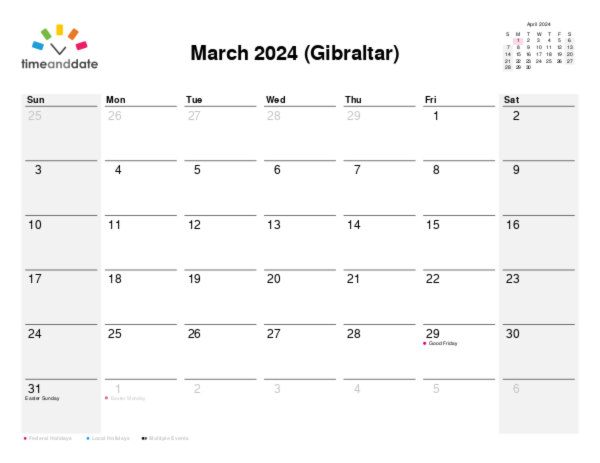 Calendar for 2024 in Gibraltar