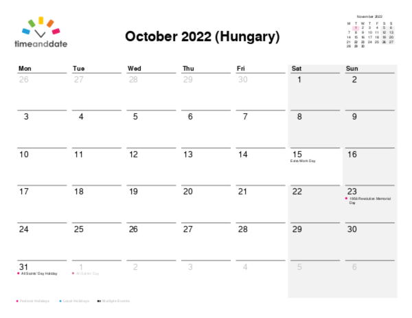 Calendar for 2022 in Hungary