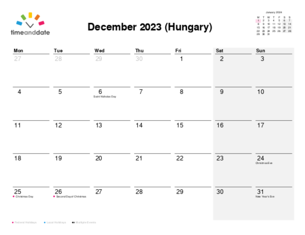 Calendar for 2023 in Hungary