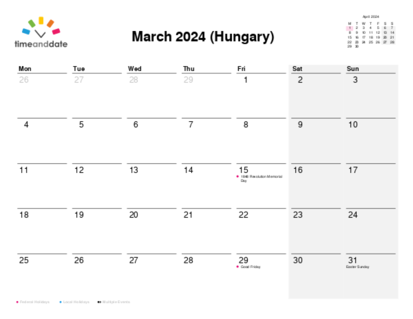 Calendar for 2024 in Hungary