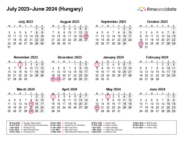 Calendar for 2023 in Hungary