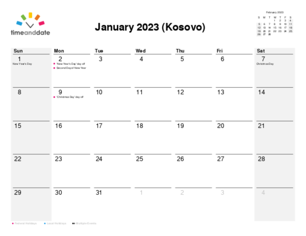 Calendar for 2023 in Kosovo
