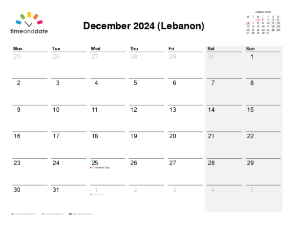 Calendar for 2024 in Lebanon