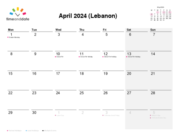 Calendar for 2024 in Lebanon