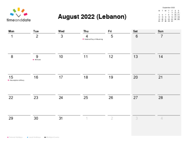 Calendar for 2022 in Lebanon