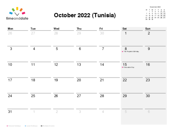 Calendar for 2022 in Tunisia