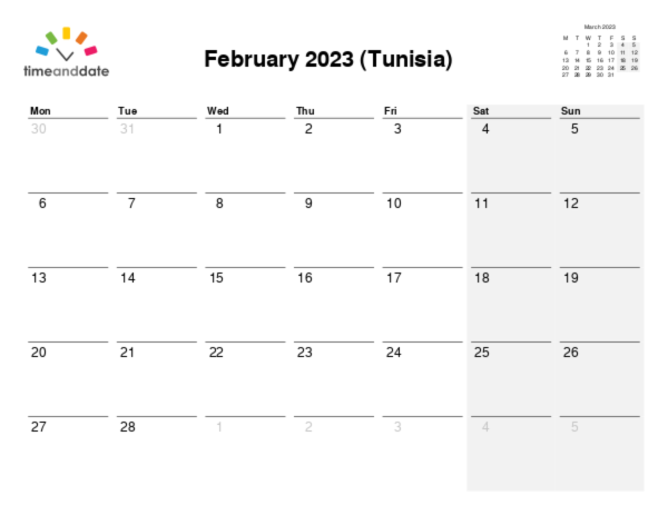 Calendar for 2023 in Tunisia