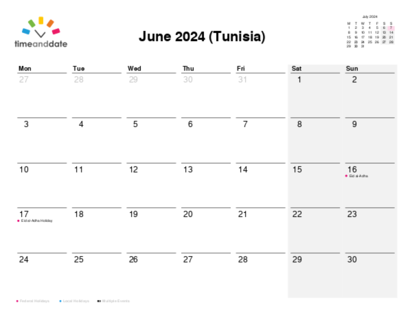 Calendar for 2024 in Tunisia