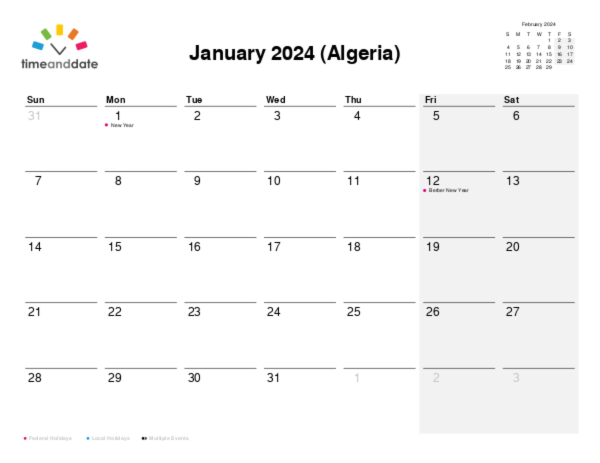 Calendar for 2024 in Algeria