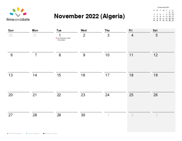Calendar for 2022 in Algeria