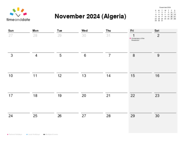 Calendar for 2024 in Algeria