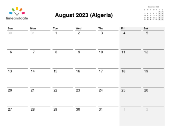 Calendar for 2023 in Algeria